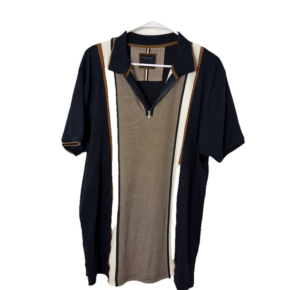 Denim & Flower Ricky Singh Mens XL Navy Tan Striped Quarter Zip Polo Shirt